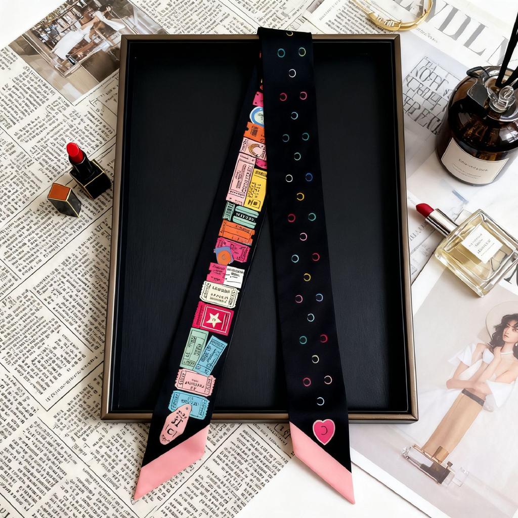 Heavy twill silk scarf, small fragrance style, long strip, thin tie bag, ribbon decorative streamer, neck band, hair band double C