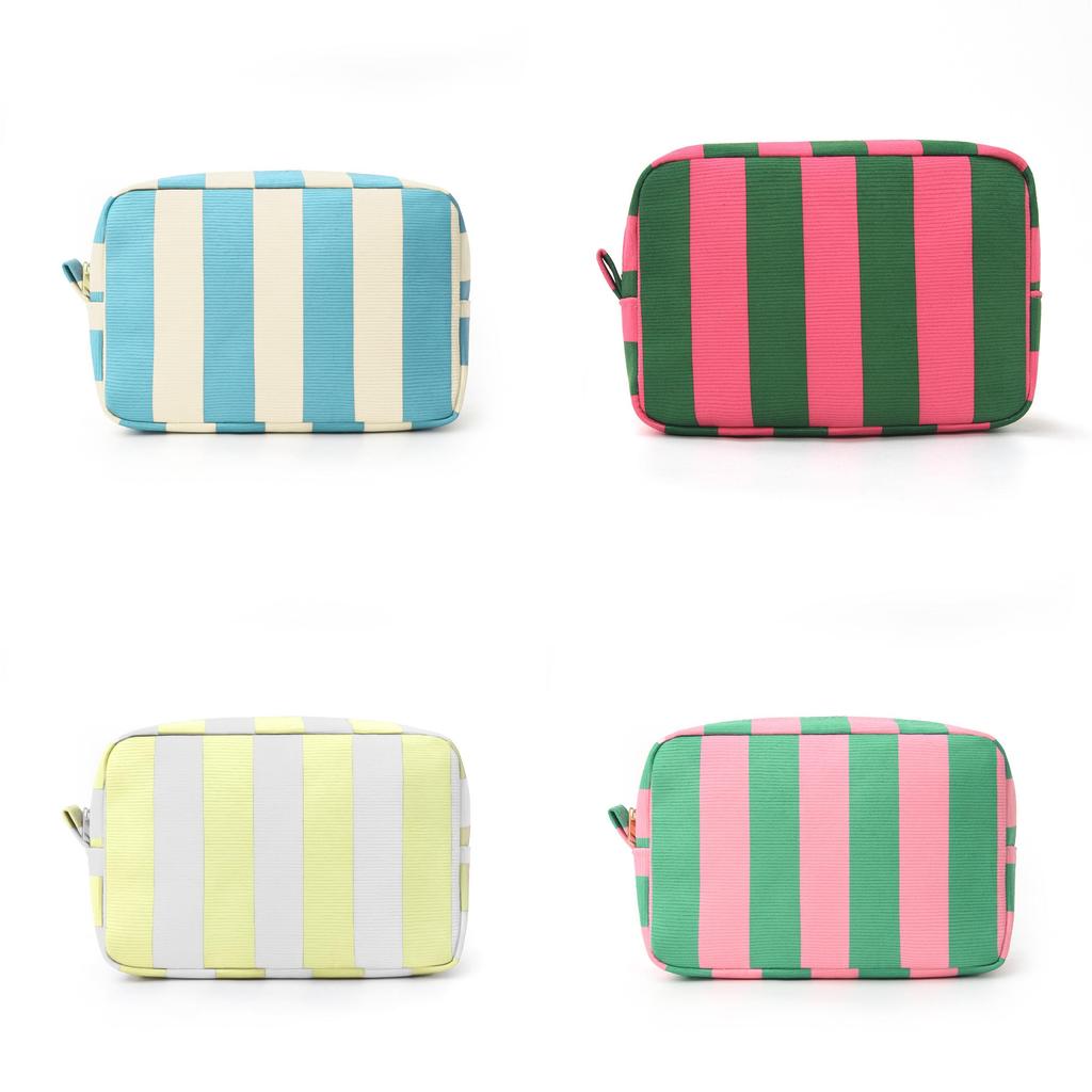 Cosmopolitan Velvet Makeup Bag With Stripes And Color Block Design For Travel And Daily Use