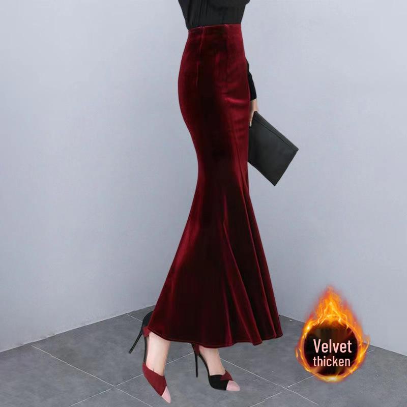 Women's High-Waist Gold Velvet Fishtail Midi Skirt – Plush, Thickened for Autumn/Winter
