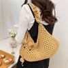 Hand-woven Straw Tote Bag With Wooden Bead Handle Large Capacity Summer Beach Shoulder Bag Casual Hollow Vacation Crochet Bag