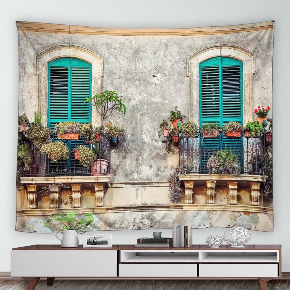 Street Flower Scenery Tapestry Vintage Blue Wooden Door Floral Plants Nature Landscape Home Garden Decor Wall Hanging Picnic Mat
