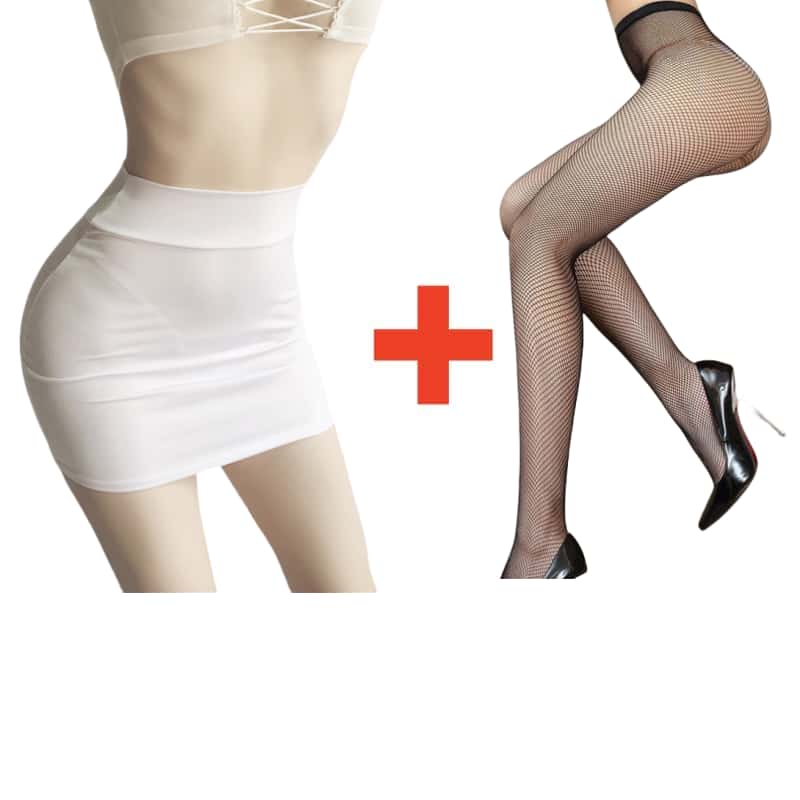 2PCS/SET Women High Waist Pencil Mini Skirts+Stockings Dress Set,Sexy Casual Wrap Hips Black Short Skirt and Pantyhose