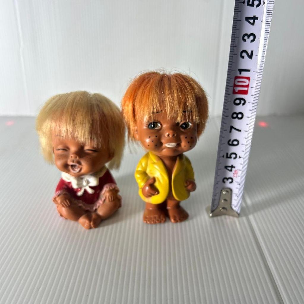 [Used] Showa Retro Vintage Japanese Sofubi Dolls Set of 2 Rooted Hair Painted Eyes