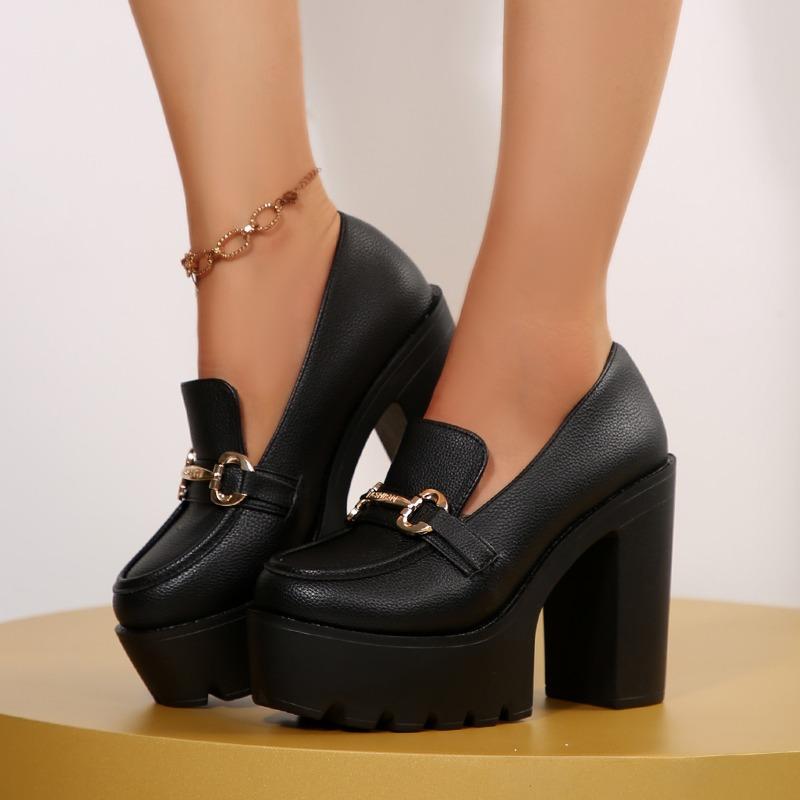 Super High Heel Single Shoes Autumn New Round Toe Shallow Mouth Metal Buckle Platform Non-slip Wear-resistant Block Heel Shoes