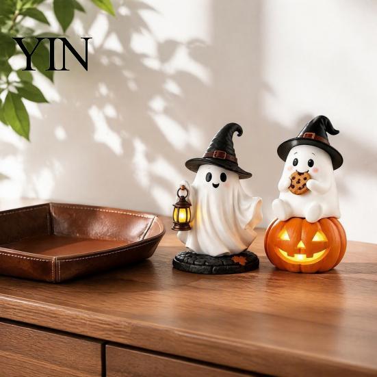 Miniature Ghost Statue Lighted Halloween Figurine, Spooky Resin Witch on Pumpkin/Holding Lantern LED Night Light Figurine with for Desktop Bookshelf