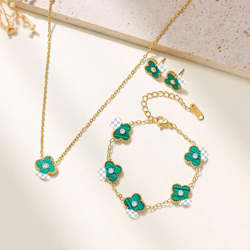 Stainless Steel Four Leaf Clover Necklace Set With Earrings Bracelet Hypoallergenic Titanium Jewelry Women