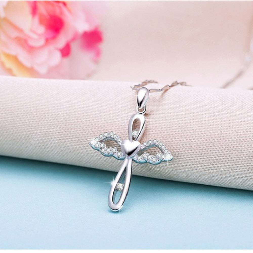 

925 Silver Plated Cross Pendant Necklace for Women Angel Wing Cross Chain Collarbone Jewelry