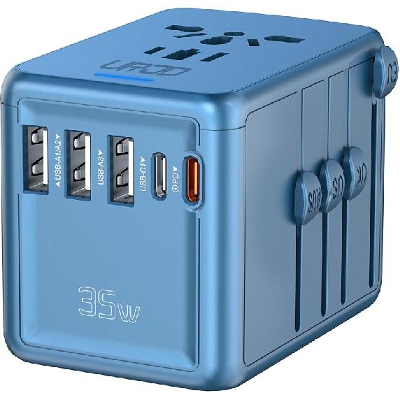 Universal Travel Adapter 35W PD Fast Charging Offers 3X2.4A USB-A Ports, 2X USB-C Ports and Multi AC Outlet, International Plug Converter Worldwide
