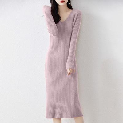 Damen Pulloverkleid Herbst Langarm V-Ausschnitt Rippstrick Schlitz Langes Kleid Lässig Figurbetont Slim Fit Midi-Kleid
