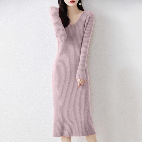 Women's Sweater Dress Fall Long Sleeve V Neck Ribbed Knit Split Long Dress Casual Bodycon Slim Fit Midi Dress