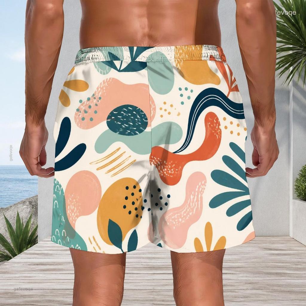 Men Plus Size Colorful Printed Beach Shorts Drawstring Waist Side Pockets Straight Leg