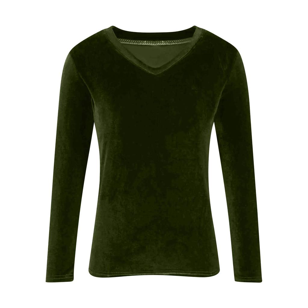 Women's Fashion Casual Velvet Colour V,Neck Long,Sleeved T,Shirt Top