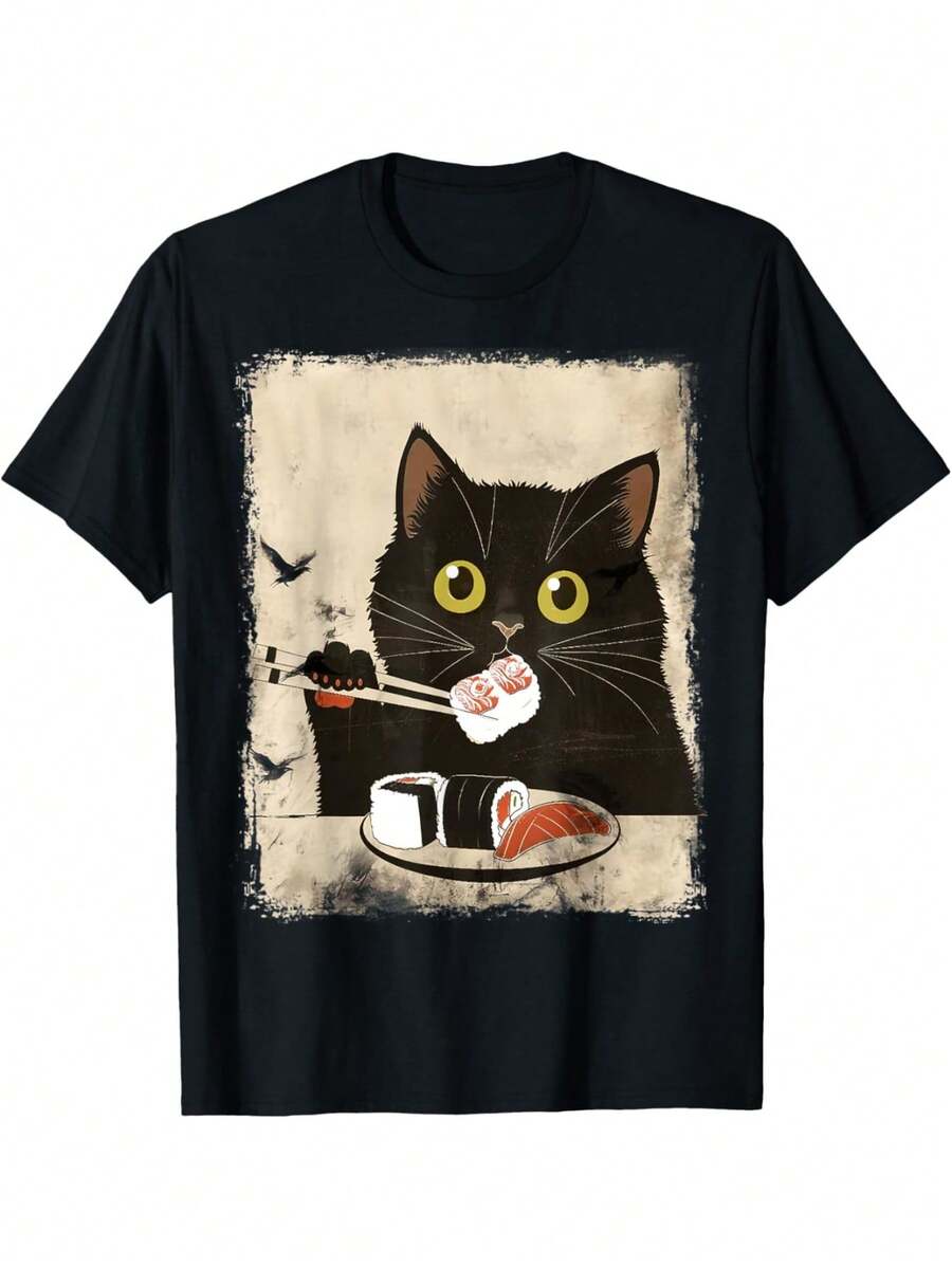 

Cute Cat Eating Sushi Anime Style Funny TShirt for Girls S