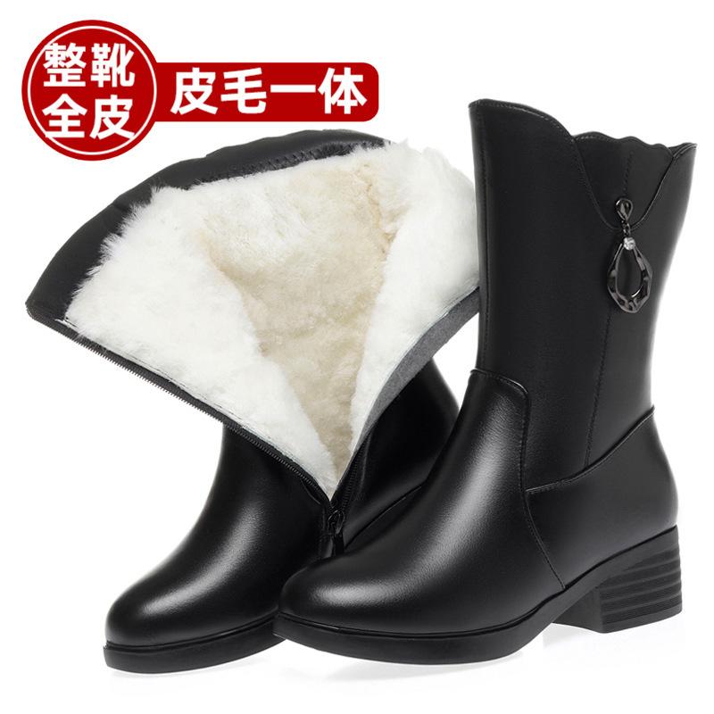 Medium Boots Women's Winter Velvet Thickened Wool Boots Medium Heel Full Cowhide Women's Cotton Boots Fur Integrated Snow Boots Large Size