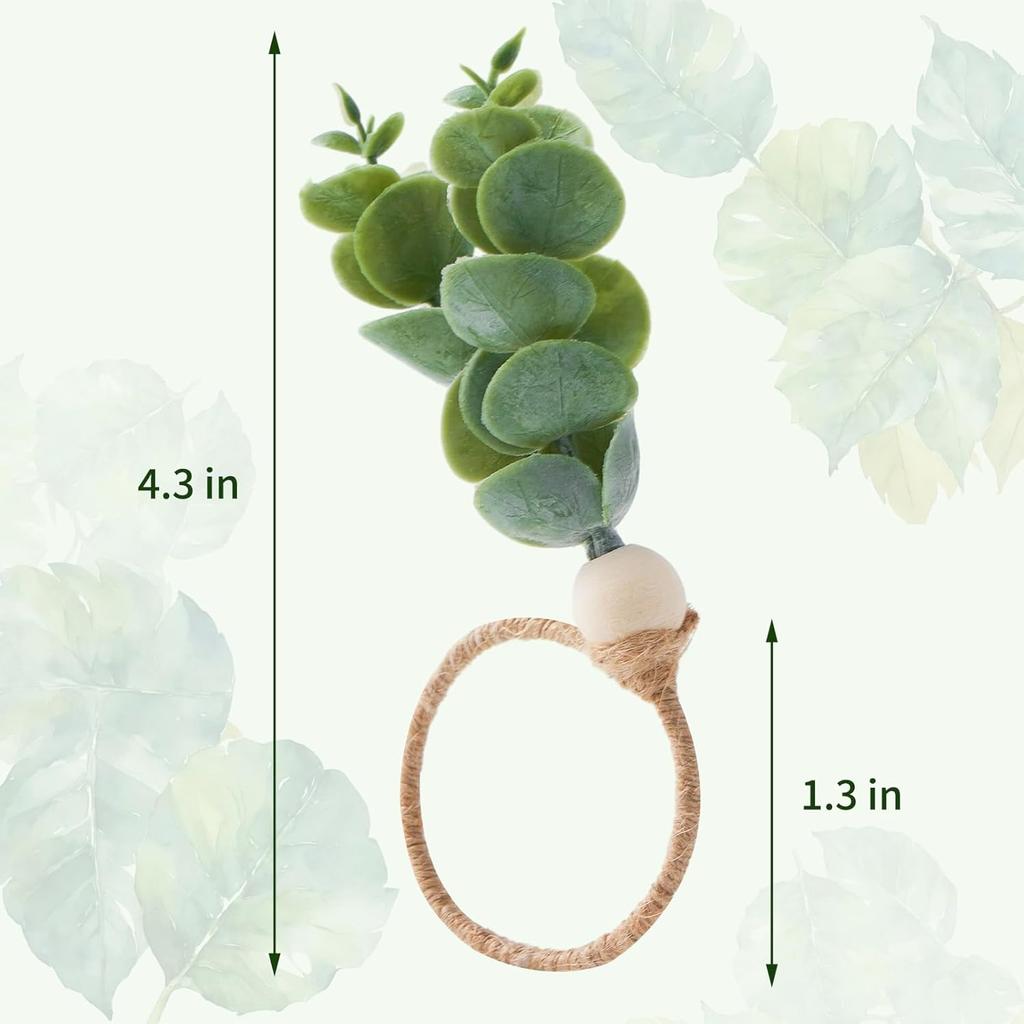 APTWOW Green Fabric Napkin Rings Set of 12, 18*16*1.5cm, 12g, Easter Boho Eucalyptus Leaf Wood Bead Farmhouse Napkin Holder for