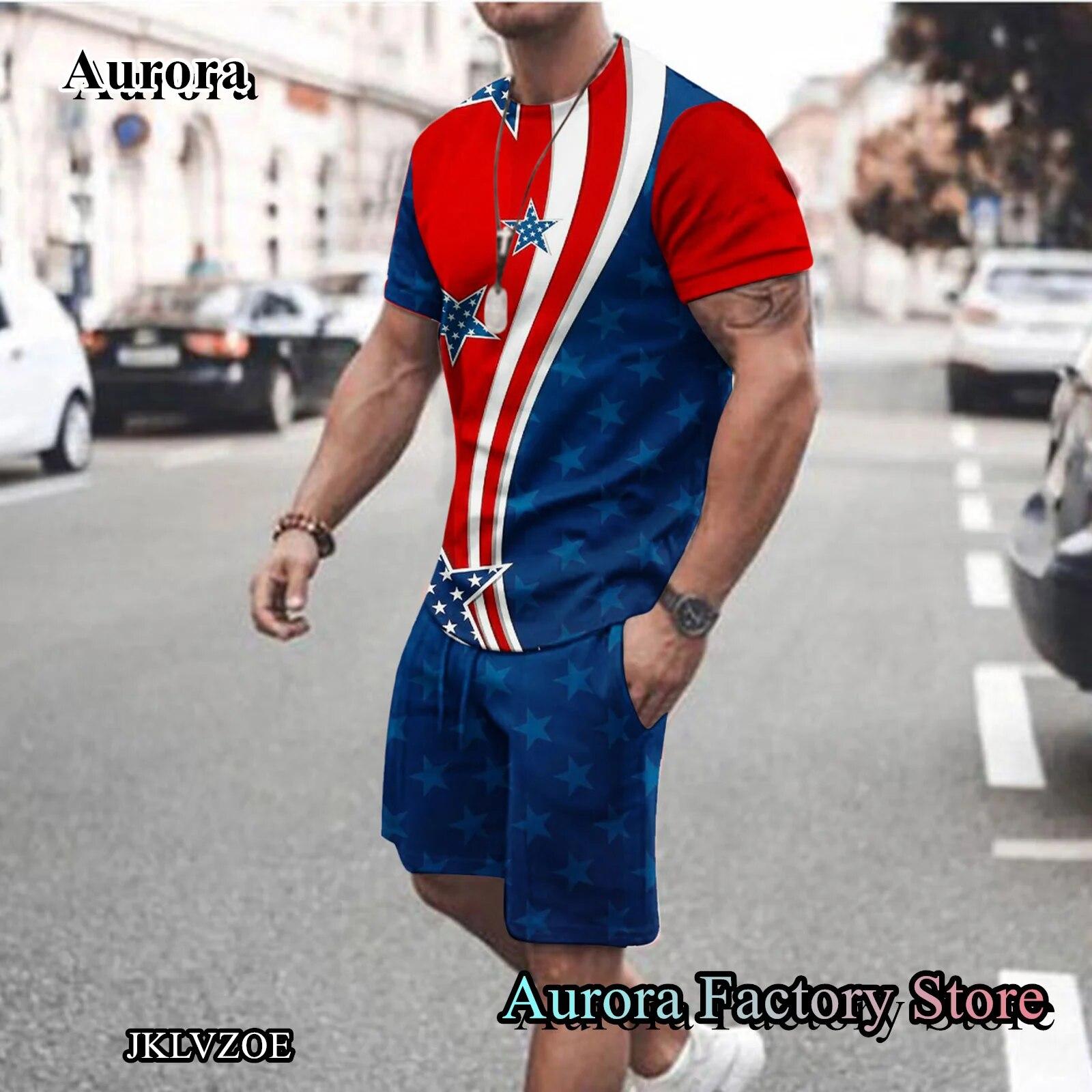 

Чоловічий літній модний спортивний костюм з двох предметів, футболка, шорти, повсякденний комплект одягу, чоловічий костюм з 3D-принтом американського прапора, великий костюм L