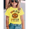 European Size Girls Round-neck Short-sleeved T-shirt with Cartoon Pumpkin and Colorful English Pattern Print