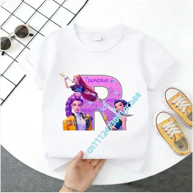 K Pop Demon Huntersd Children's Short-Sleeved Girls' Casual Shirt - Summer Pure Polyester T-Shirt with Letter A-Z Cartoon Print