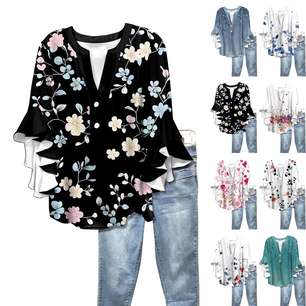 Summer Tops For Women Cute V Neck 3/4 Sleeve Blouses Floral Print Top Casual Shirts