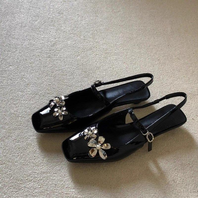 Fashion Baotou Sandals Women's Summer New Square Toe Shallow Mouth One Strap Flower Non-slip Block Heel Shoes