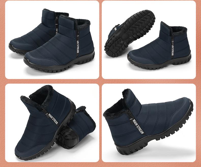 Men's Winter High-Waist Double Zipper Waterproof Cotton Snow Boots with Warm Velvet Lining for Elderly