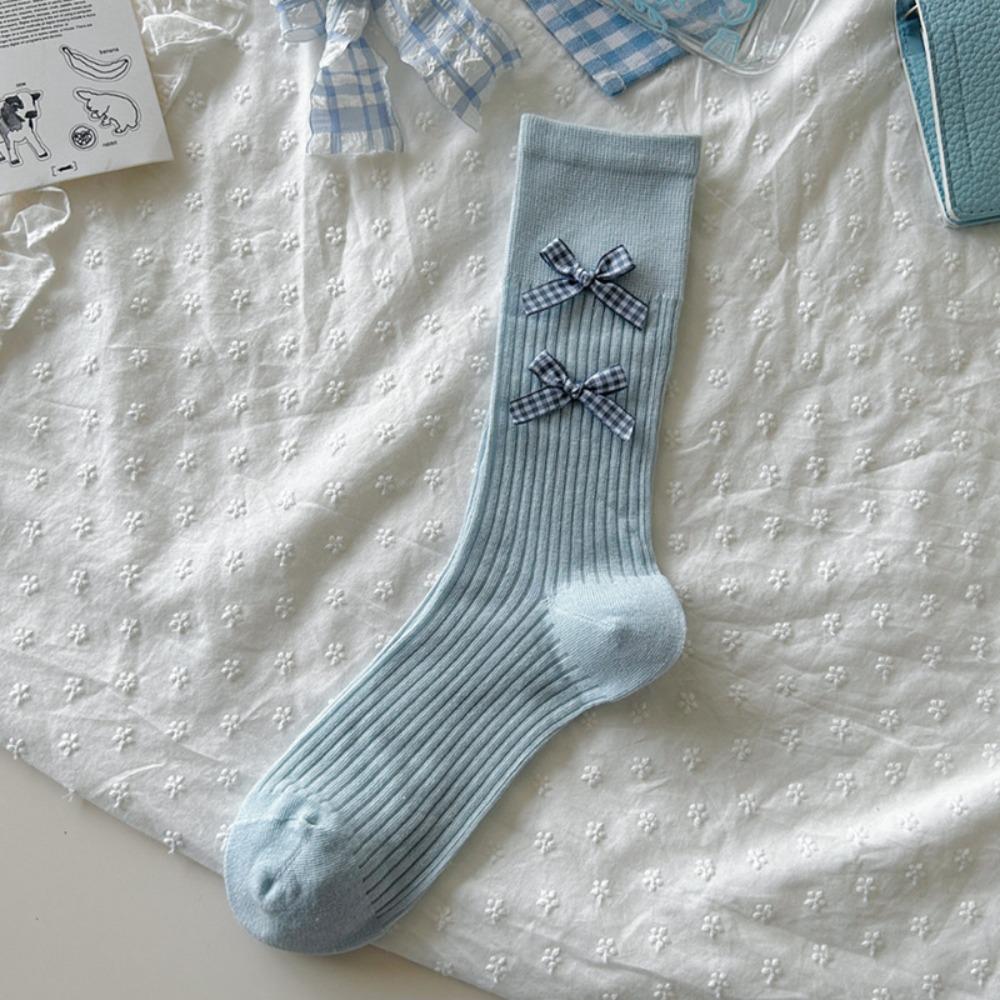Ballet Style Solid Color Bow Mid Tube Socks Summer Cotton Lightweight Breathable Fashionable Soft Comfortable Casual Women Socks