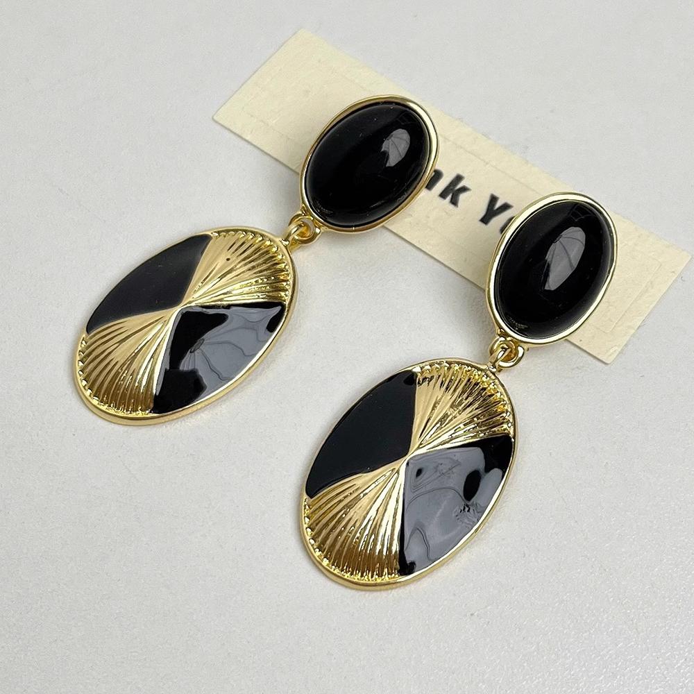 French Retro Black Gold Enamel Brushed Oval Pendant Earrings Vintage Exaggerated Earrings Women s Fashion Trend Earrings