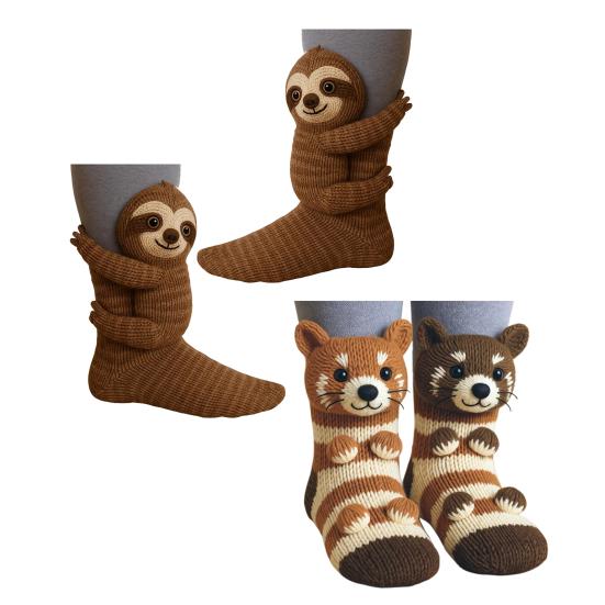 2 Pairs 3D Knit Animal Socks Hand Crocheted Animal Doll Socks Sloth Cute Warm Winter Socks for Men Women Animal Lovers Gifts