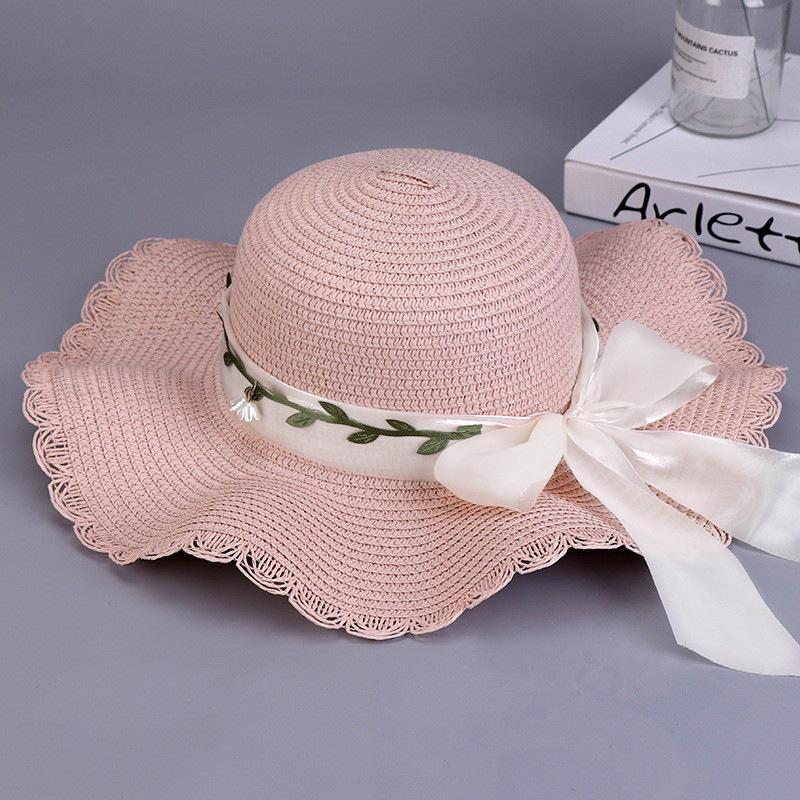 Sommer Damen Schleife Stroh Große Welle Strand Strohhut Outdoor Atmungsaktiv Sonnenschutzhut