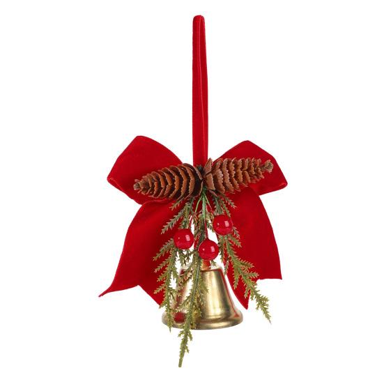 Holiday Home Decorations Christmas Bow Ornaments with Gold Jingle Bells, Xmas Tree Hanging Wreath Retail Window Displays Pine Cones, Red Berries