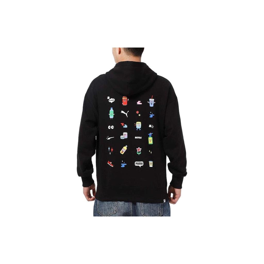 Puma Cartoon Print Thick Hooded Pullover Sweatshirt Men Tops Black 531429-01