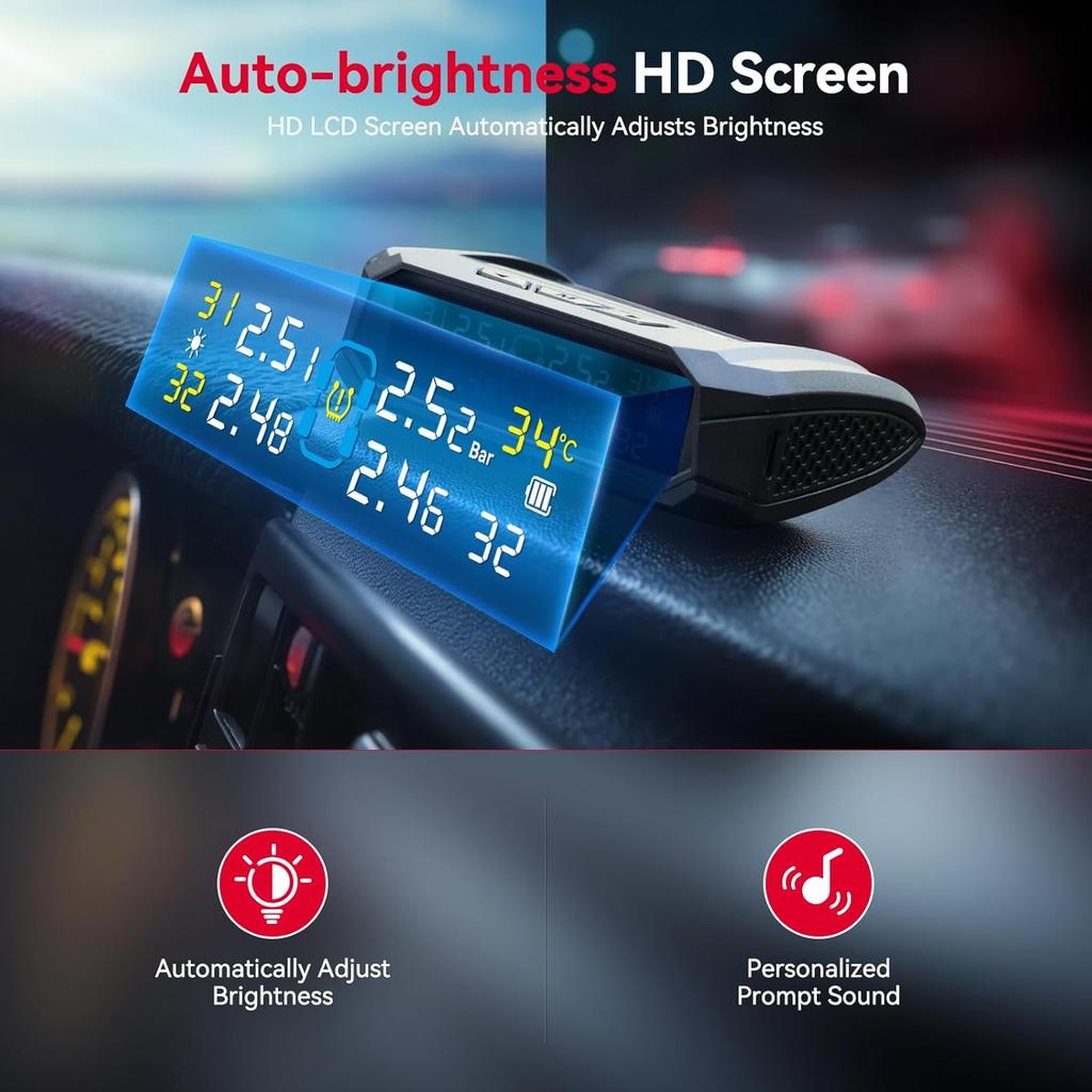 Andeman RV Tire Pressure Monitoring System, Tire Pressure Monitor With Solar And USB Charger TPMS With 4 Sensors & 6 Alarm Modes Tire Temperature