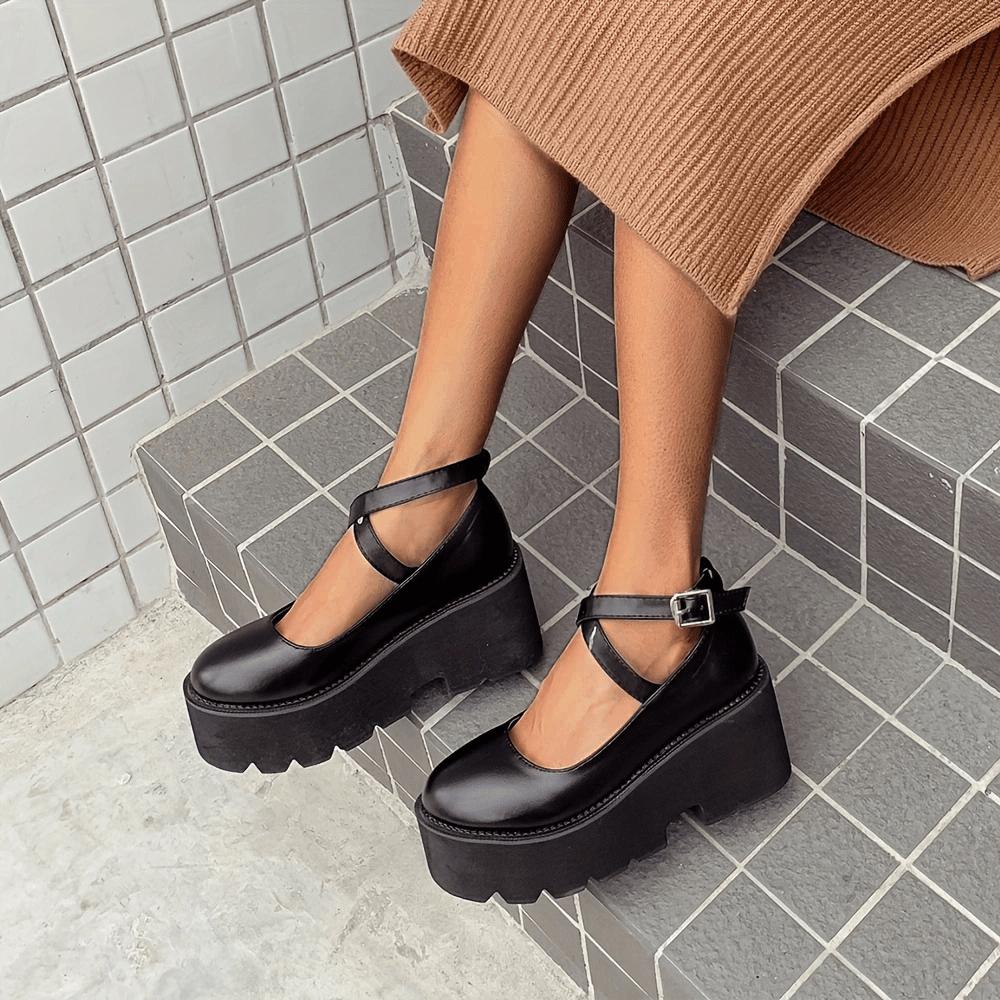 נעלי סטודנטים נערה נעלי LOLITA נעליים אחידות עקב פלטפורמה מעור PU רצועת קרסול נעלי עקב לנשים מרי ג'יינס לקוספליי לנשים