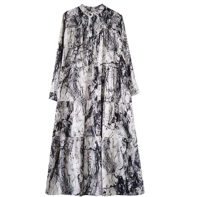 2025 Round Neck Long Sleeve Loose Skirt Women's Big Size Middle Aged Mom Dress