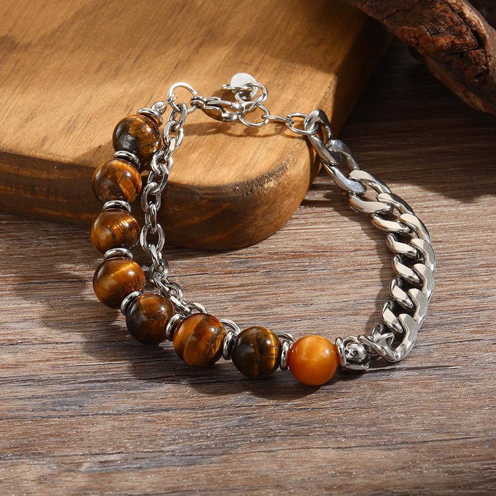 Men’s Stainless Steel Tiger Eye Double-Sided Polished Chain Bracelet with Natural Stone Beads.