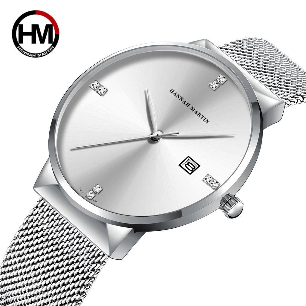 Men Rhinestone Watch Fashionable Luxury Business Style 40mm Simple Dial Stainless Steel Mesh Belt Japanese Quartz Movement Watch