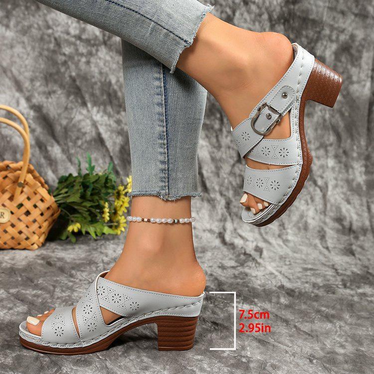 2026 Summer Plus Size Women's Roman Sandals: Chunky Heel, One-Strap, Hollow Design