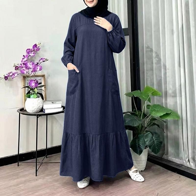 

ZANZEA Women Casual Round Neck Elastic Waist Cuff Long Sleeve Retro Dress 5XL темно-синього кольору
