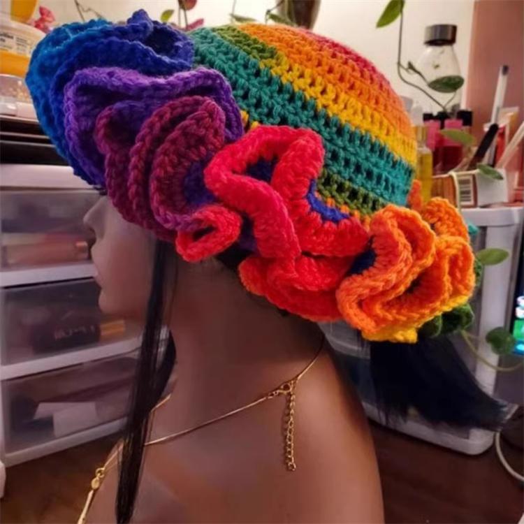 Handmade Knit Bucket Hat for Woman Weaving Ruffled Brim Bucket Hat Adult Teens Winter Cycling Fisherman Hat
