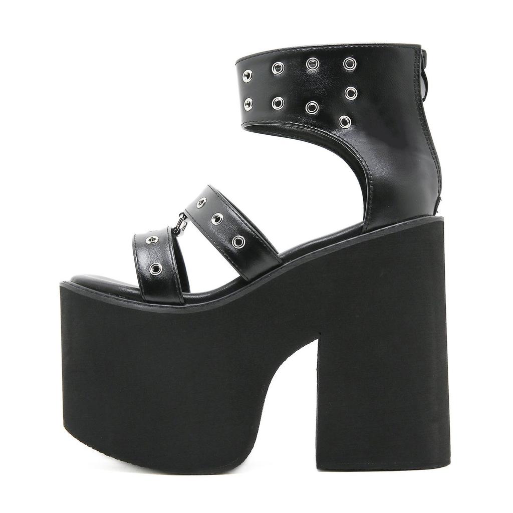 Gdgydh Black Punk Gothic Platform Sandals Open Toe Buckle Strappy Sexy Rivets Thick Heels Footwear Summer Shoes for Women
