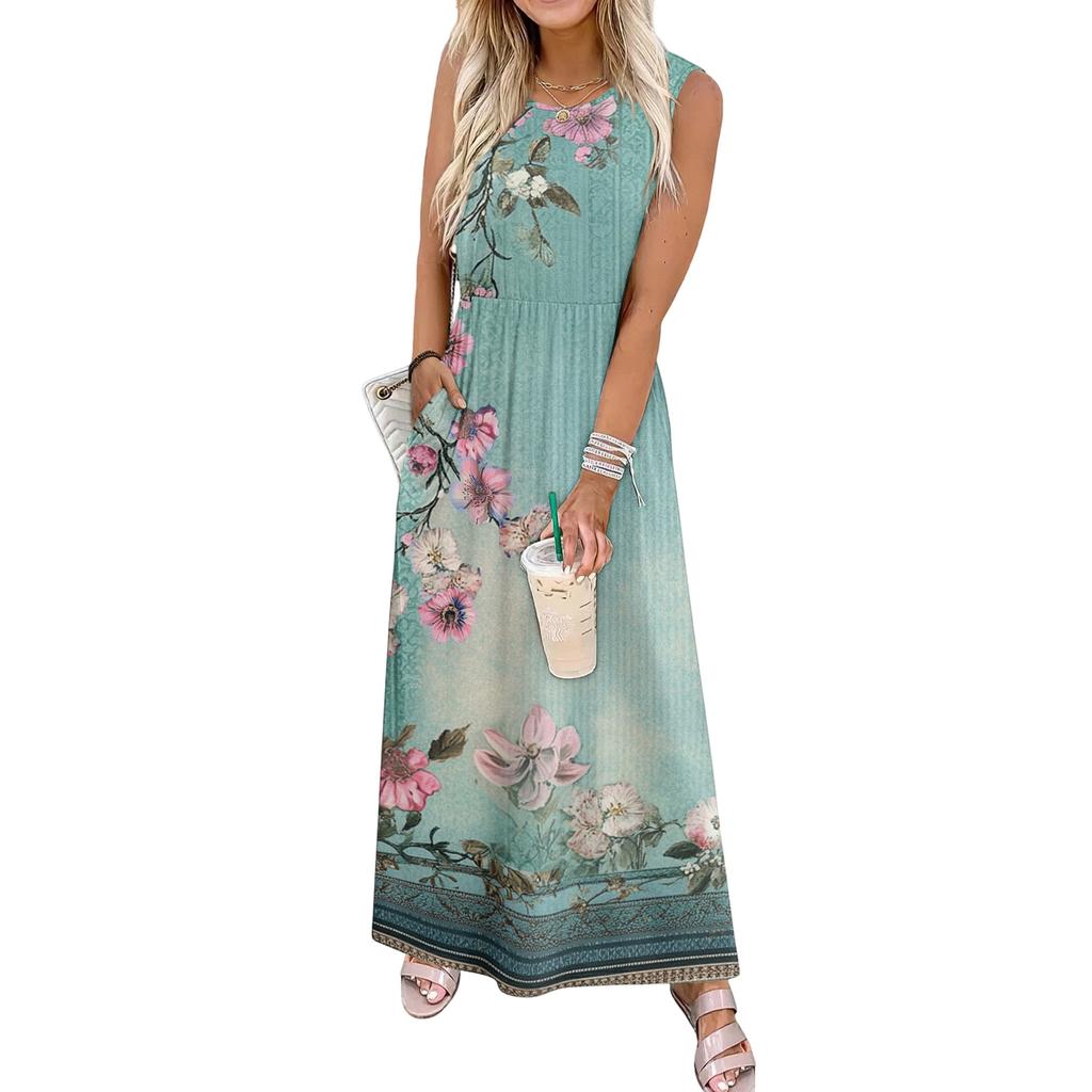Ladies' Floral Print Casual and Fashionable Waist Cinched Sleeveless Dress