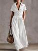 Damen Mehrfarbig Knopfleiste Hemdkleid Maxi-Kleid Revers Kurze Ärmel Tasche Vorne Lässig Langes Kleid