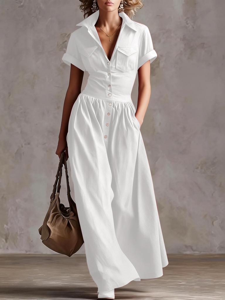 Damen Mehrfarbig Knopfleiste Hemdkleid Maxi-Kleid Revers Kurze Ärmel Tasche Vorne Lässig Langes Kleid