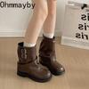 Autumn Winter Belt Buckle Women Pipe Fashion Height Increase Retro Platform Thick Sole Ladies Knight Short Booties