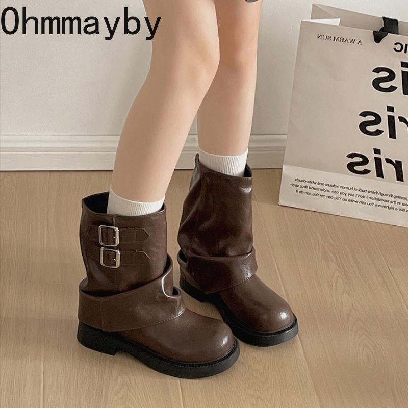 Autumn Winter Belt Buckle Women Pipe Fashion Height Increase Retro Platform Thick Sole Ladies Knight Short Booties