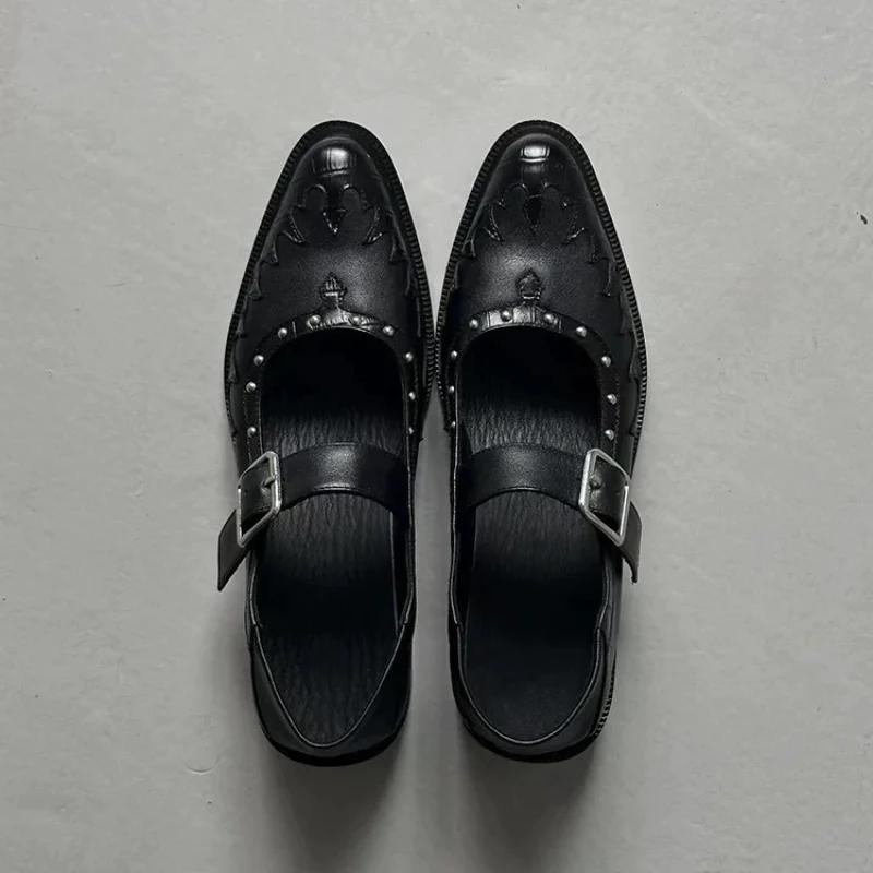 Women's Spring 2025 New Rivet Women's Pointed Toe Thick Heels British Style Loafer Female Slip On Shoes Zapatillas Mujer