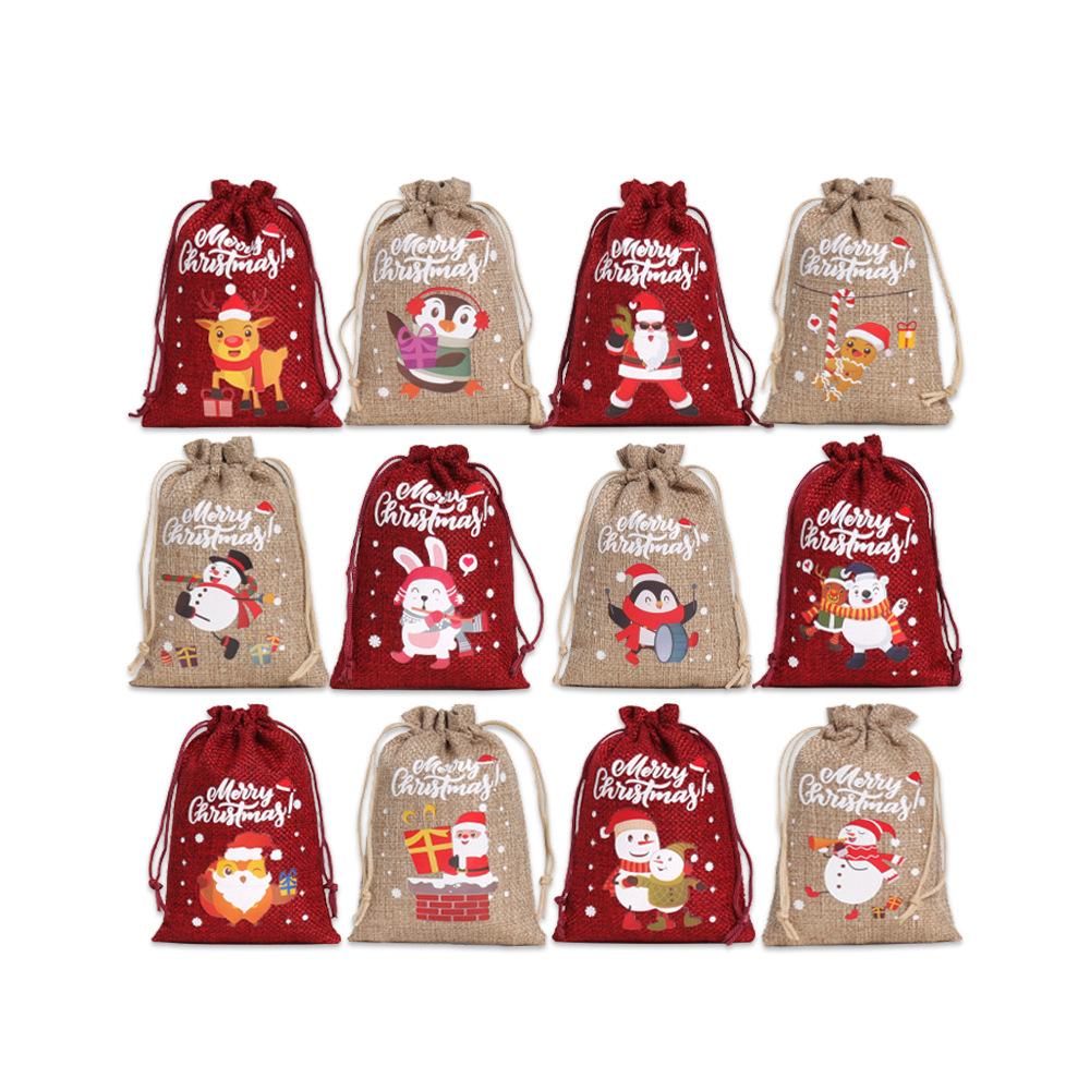 12pcs Festive Burlap Christmas Drawstring Bags with Santa Snowman & Tree Designs for Gift Wrapping Party Favors Decoration Tools