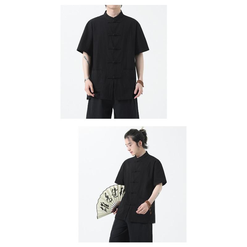 Herren Chinesischer Stil Vintage Locker Große Größe Kurzarm Lässig Baumwolle Leinen Hemd