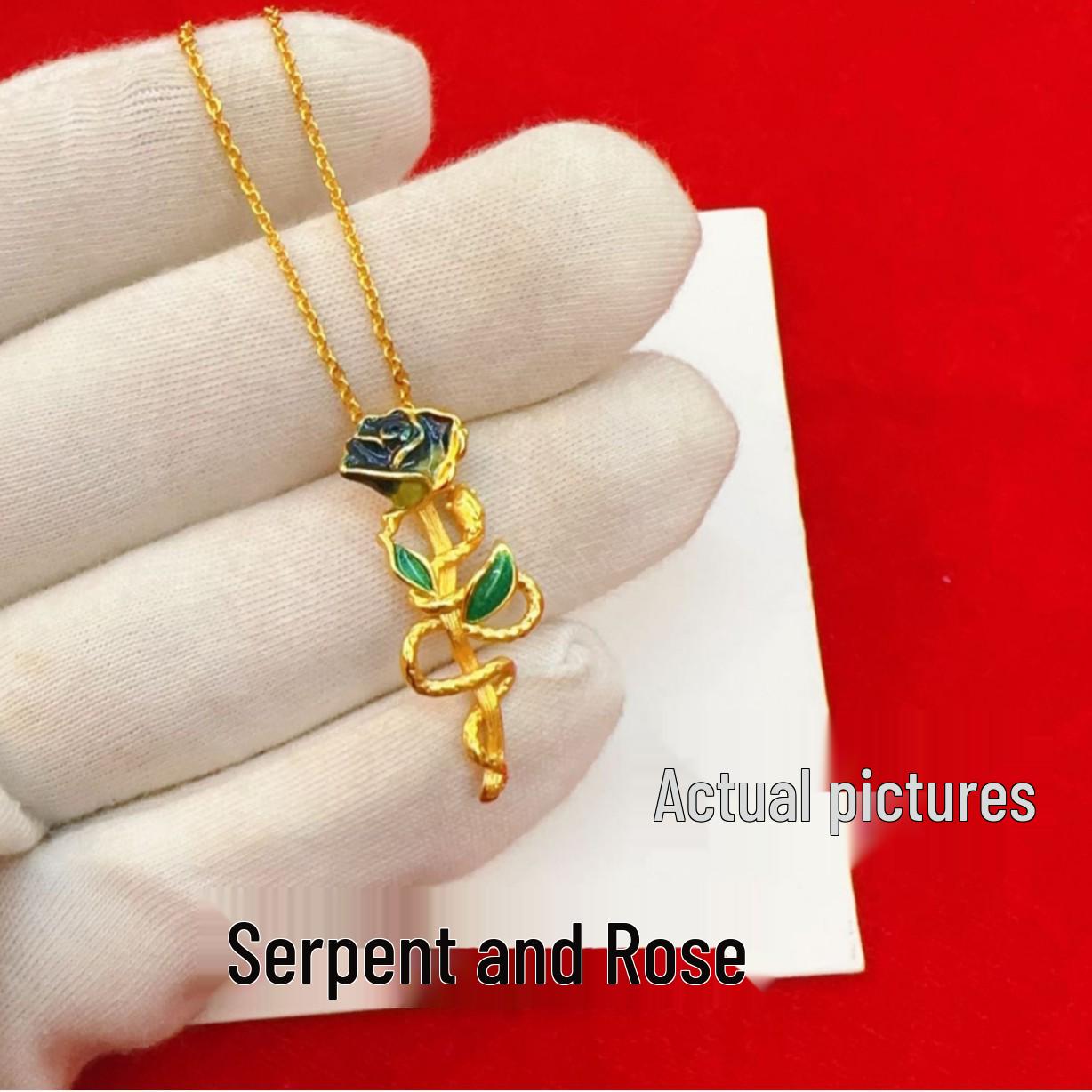 Эмалированное золотое ожерелье-знак зодиака со змеей и розой - Цепочка на ключицу