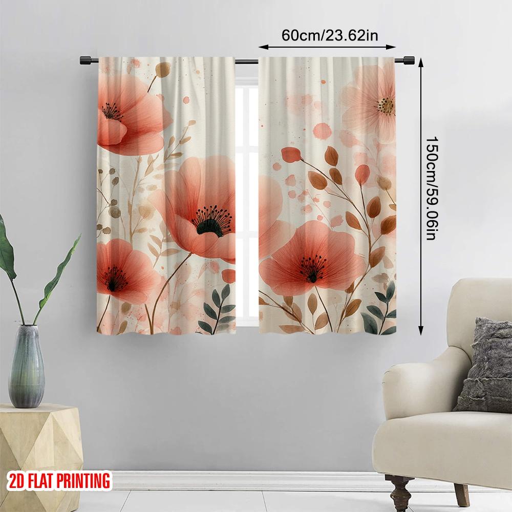 Flat Printing Party Window Curtains Coral Flowers Watercolor Floral Polyester Without Electricity Festive Wall Curtain Set Of 2 Made Washable